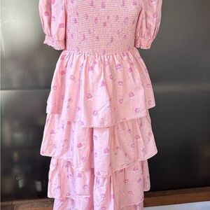 LoveShackFancy Pink Tiered roses/floral cotton voil smocking Dress M